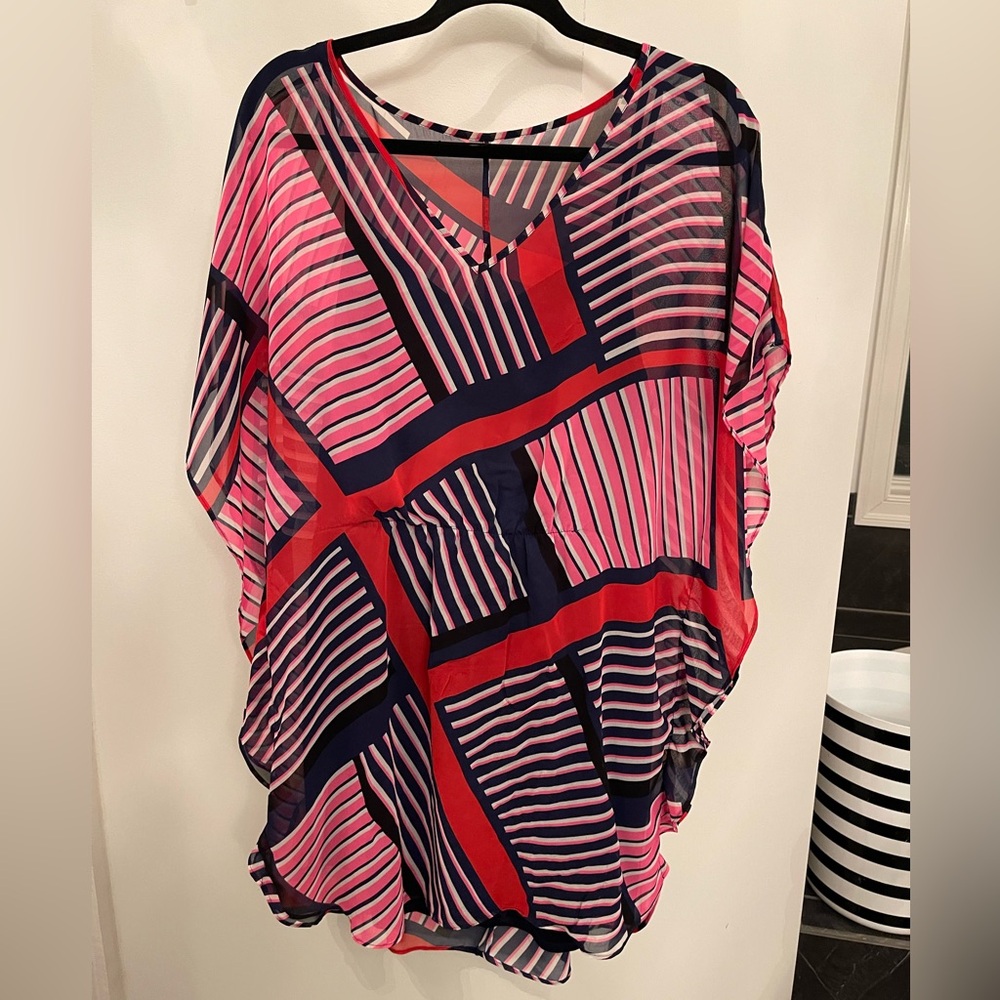 Express Geometric Pink and Navy Dress Medium
